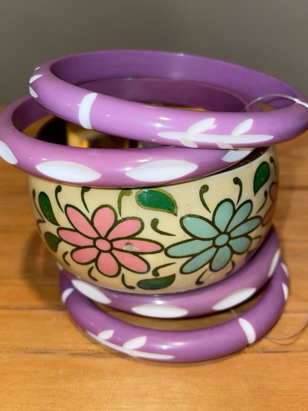 Floral Bangle Set | Lilac & Cream Hand‑Painted | Retro Boho Statement Jewelry